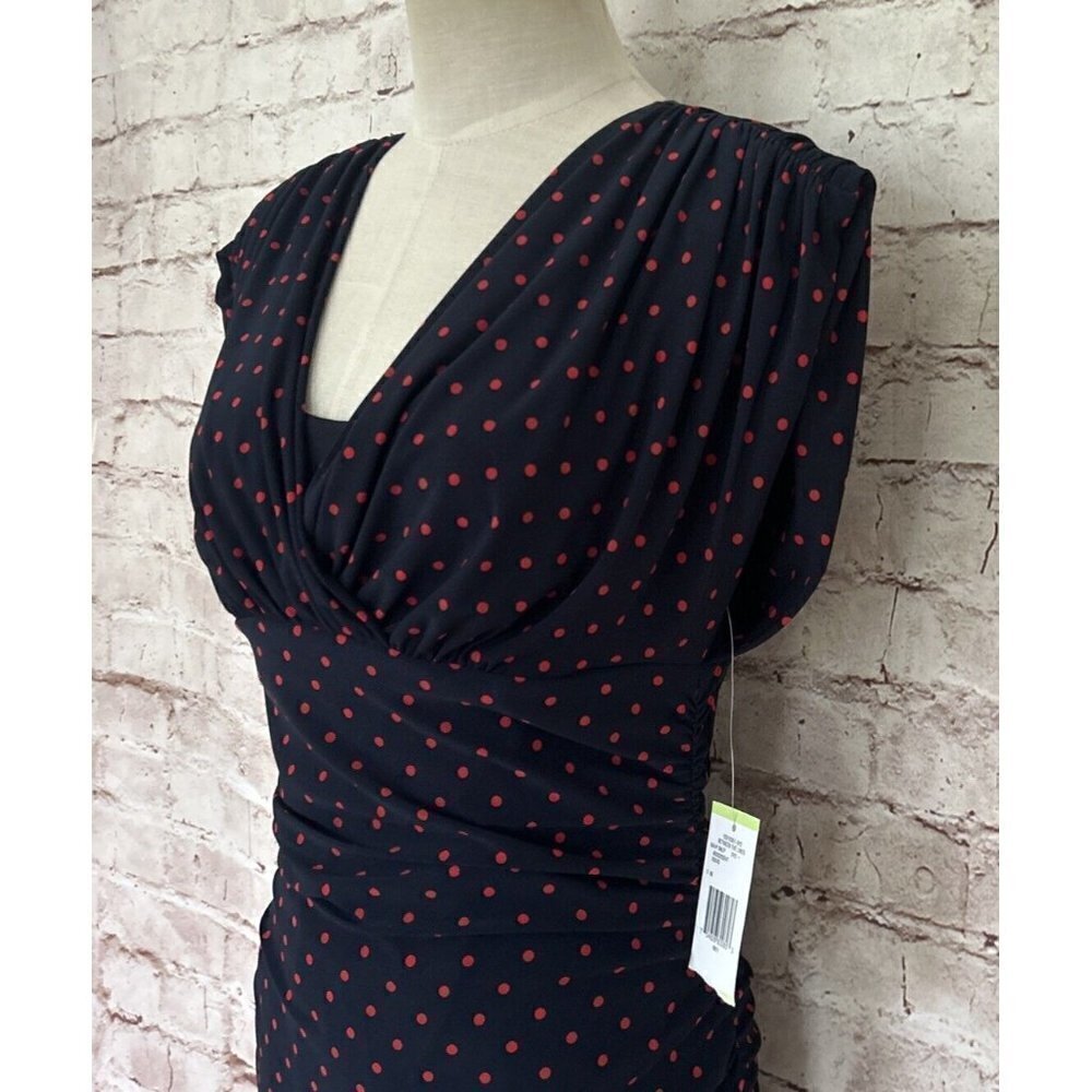 Evan Picone Womens Dress Navy Blue Red Polka Dot Surplice Ruched Size 4 NEW